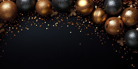 Poster - Luxury Christmas, New Year flat lay design. Golden, dark balls, confetti on black background. Top view template for poster banner. Perfect for festive holiday products, promotions. Holiday card
