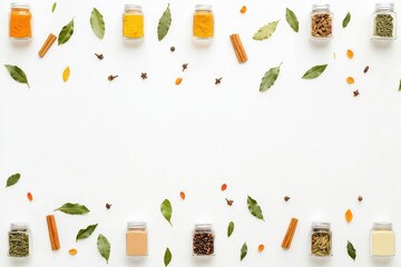 Poster - Display of small jars filled with vibrant spices, surrounded by bay leaves and cinnamon sticks, creating an aromatic arrangement with space for text. Generative AI