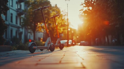 Wall Mural - Urban Scene at Sunset Featuring Electric Scooters Parked on a Cobblestone Street Surrounded by Trees, Warm Lighting, and a Calm City Atmosphere