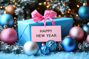 Wall Mural - Festive Gift Display for New Year Celebration. A vibrant holiday image featuring a blue gift box, pink ribbon, and shiny baubles arranged around a Happy New Year card.
