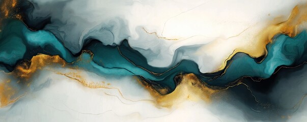 Aufkleber - Abstract acrylic art with marble effect. White grey and gold background. Fluid teal and dark blue colors flow. Gold shimmer accents. Contemporary style. Suitable for home decor or art prints.