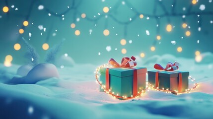 Wall Mural - holiday gift boxes, with glowing garlands, on snow, banner. ai generation.