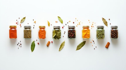 Poster - Array of small jars filled with vibrant spices, accompanied by bay leaves and cinnamon sticks, creating a vibrant cooking inspiration. Generative AI