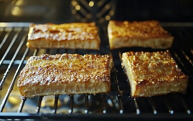 Wall Mural - Four golden-brown pieces of food cooking on a grill, showcasing a crispy texture.