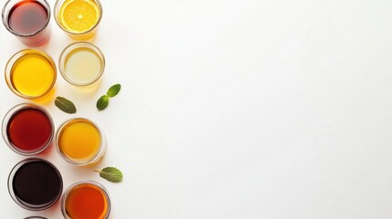 Poster - Colorful glasses filled with various drinks such as juice, tea, and soda are artistically arranged on a clean white surface with ample space for text. Generative AI