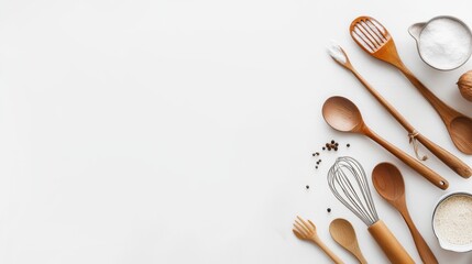 Aufkleber - Various kitchen utensils such as spatulas, whisks, and small pots are neatly arranged on a white surface, providing space for text. Generative AI