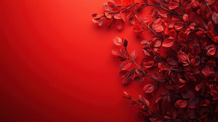 Wall Mural - Vibrant Red Background with Delicate Leaves Displaying a Rich Color Palette Ideal for Seasonal Decor, Nature Themes, or Artistic Projects