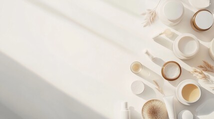 Poster - An arrangement of various skin care containers such as jars, tubes, oils, and serums placed on a clean white surface, allowing space for text. Generative AI