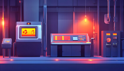 Poster - A futuristic industrial workspace featuring control panels and recycling equipment.