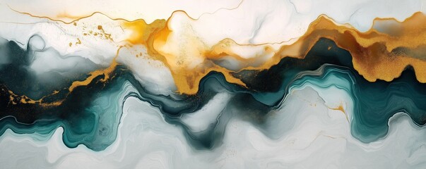 Aufkleber - Abstract art piece. Modern acrylic painting with marble textures. White grey, gold colors. Dynamic flowing patterns evoke sense of movement, fluidity. Contemporary art style. Ideal for wall decor