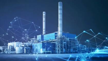 Poster - Industrial facility with smokestacks and digital network overlay.
