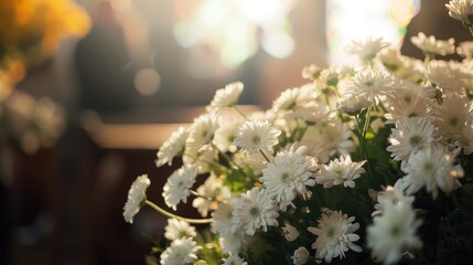 Wall Mural - Beautiful bouquet of white daisies in soft sunlight, creating a warm and inviting atmosphere. Floral arrangement concept for home decor or celebrations.