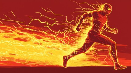 Wall Mural - Energetic Superhero in Motion with Dynamic Light Effects on a Vivid Red Background, Capturing the Essence of Speed and Action in a Vibrant Style