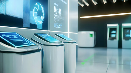Poster - Modern digital kiosks in a sleek, futuristic environment for user interaction.