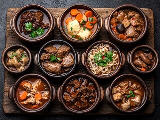 Wall Mural - A wooden platter displaying various delicious stews and dishes in small bowls.