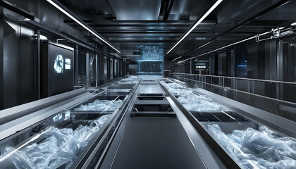 Poster - A futuristic facility with transparent containers holding liquid, emphasizing technology and innovation.