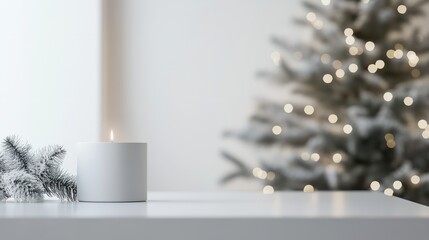 Sticker - This captivating product mockup features a sleek white tabletop bathed in the soft glow of a blurred Christmas tree. The minimalist design allows your products to take center stage.