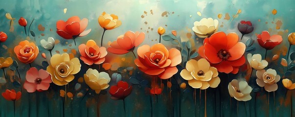 Aufkleber - Abstract floral art piece. Colorful flowers in orange red, yellow tones. Watercolor style. Gold texture accents. Looks like fashion art background. Design with roses, flowers. Unique, vibrant. Ideal