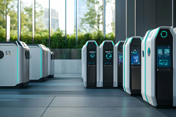 Poster - A row of futuristic, high-tech kiosks in a modern indoor setting.