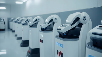Poster - A row of robotic devices in a clean, modern environment, likely for automated tasks.