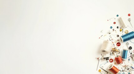 Poster - Colorful threads, needles, and buttons are scattered on a white background, creating a creative workspace ready for sewing projects. Generative AI