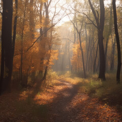 Wall Mural - Tranquil forest landscape scene in autumn, with a pathway covered in golden leaves, lit by soft sunlight