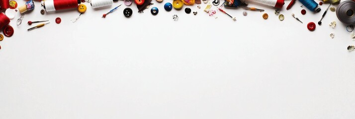 Poster - Variety of sewing essentials like needles, threads, and buttons arranged on a plain white surface with blank space for text. Generative AI