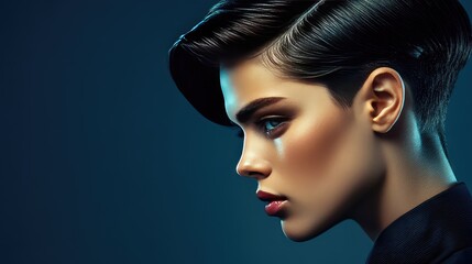 Poster - Elegant Profile of a Young Woman with Chic Short Hair Style