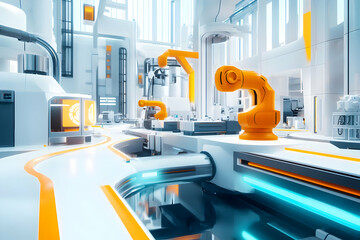 Poster - A futuristic industrial workspace featuring robotic arms and sleek design elements.
