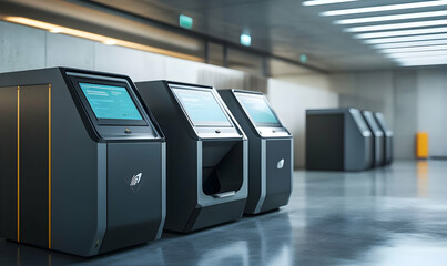 Poster - Modern kiosks in a sleek environment, designed for user interaction and information access.
