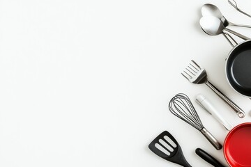 Aufkleber - A variety of kitchen utensils such as spatulas, whisks, and small pots are arranged on a white surface, leaving space for additional text or graphics. Generative AI