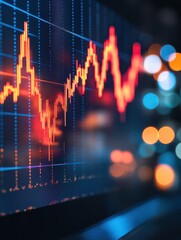 Poster - blue falling downword forex chart on blurry bokeh night city backdrop. crisis, stock and loss concep