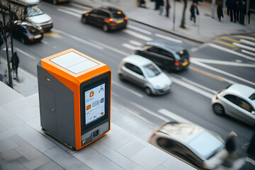 Poster - A modern kiosk on a city street, displaying information and services to pedestrians.