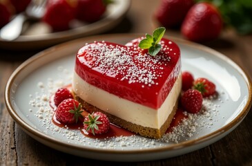 Mousse cake with red cream in the shape of a heart for Valentine's Day. Dessert for February 14th with strawberry. Romantic jelly cake for Valentine's Day. Romantic breakfast.