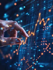 Poster - Close up of hand pointing at glowing business chart on dark blue backdrop. Stock, market and trade concept. Double exposure