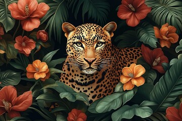 Poster - Leopard hidden tropical plants flowers. Bright colors, exotic pattern. Animal, flower design. Vegetation. Tropical jungle. Stylish design. Ideal for wall art. Home decor. Interior design. Nature