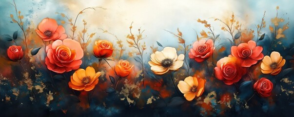 Aufkleber - Abstract watercolor painting shows colorful flowers, plants. Roses, blooms in various shades of orange, red stand out against dark background. Gold accents add texture, touch of luxury to art piece.