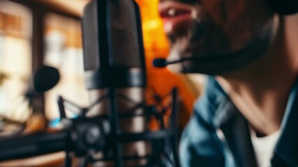 Poster - Content creator recording a podcast in a cozy home studio setup, immersed in digital communication and sound production. Perfect for podcasting, vlogging, and content creation