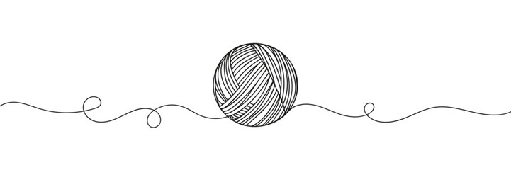 Ball of yarn continuous line sign. Round skein of knitting thread isolated on white background. Merino for knit needles, cotton for crochet. Crafting hobby. Vector sketch symbol for handmade design