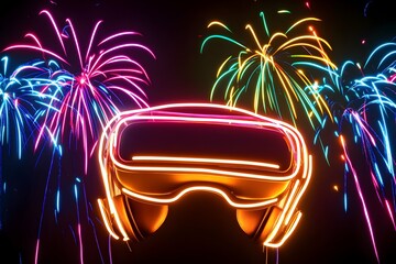 A futuristic neon virtual reality headset illuminated by a spectacular fireworks show in complete isolation.