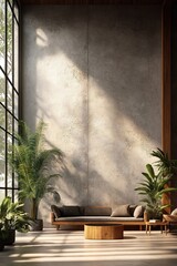 Poster - Spacious loft apartment interior with concrete walls, tropical plants. Natural light streams in through large windows. Modern wooden sofa, coffee table create cozy seating area. Minimalist design.