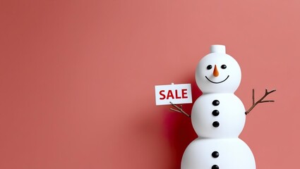 Wall Mural - Funny 3D snowman with a sales sign on a pink background, winter holiday banner