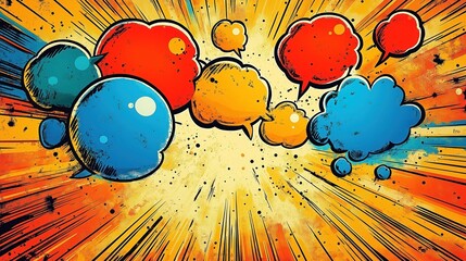 Poster - Colorful comic book speech bubbles explode on dynamic background. Vibrant colors, dynamic lines. Perfect for comic book graphic novel design. Illustration suitable for print media like posters