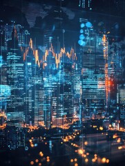Poster - world business investment concept with digital screen with financial rising candlestick and map sche