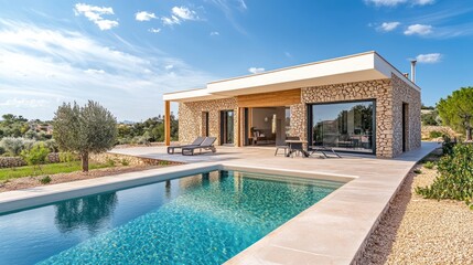 Wall Mural - Modern stone villa with pool, patio furniture, and olive trees.