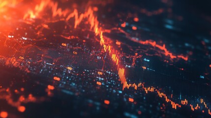 Poster - Abstract Stock Market Data Visualization: Dynamic Red and Blue Digital Landscape of Financial Charts