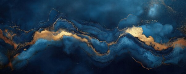 Poster - Abstract art piece shows swirling blue and gold marble patterns. Luxurious design with dynamic colors. Image evokes deep ocean or celestial space. Great for home decor projects or creative industries.