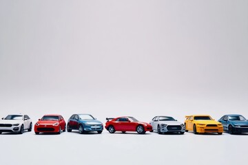 Poster - Colorful miniature models of various cars are neatly arranged on a white surface, providing ample space for additional text or information. Generative AI