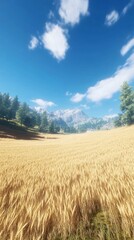 Wall Mural - A serene landscape featuring golden fields, mountains, and a bright blue sky.