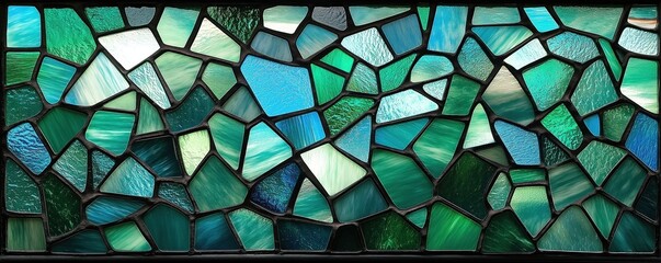 Aufkleber - Close-up view of stained glass window. Mosaic style with geometric design. Shades of blue and green. Rough uneven surface gives unique texture. Abstract pattern. Colorful art piece.